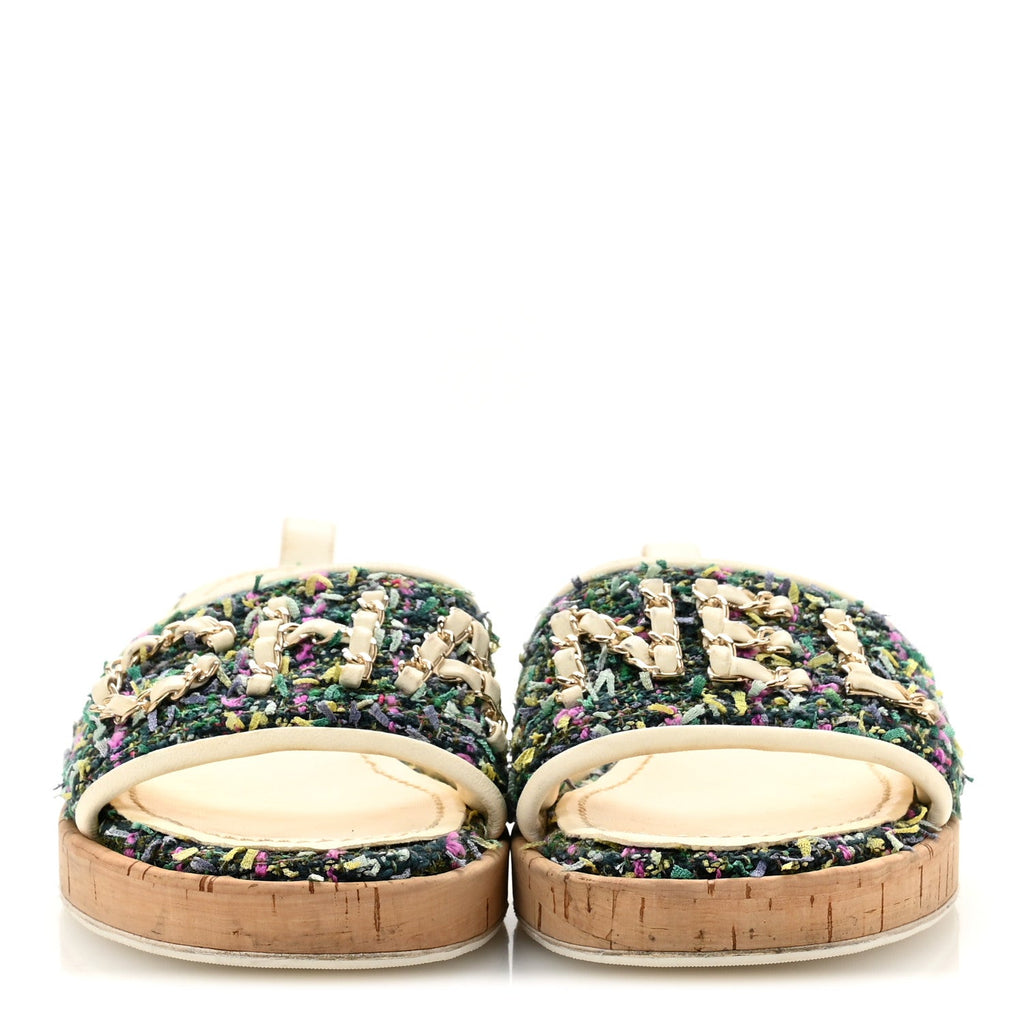 Chanel Tweed Cork CC Chain Mule Sandal 36.5 Green Multicolor
