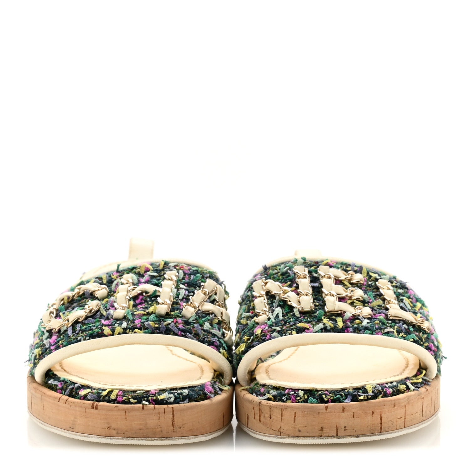 Chanel Tweed Cork CC Chain Mule Sandal 36.5 Green Multicolor