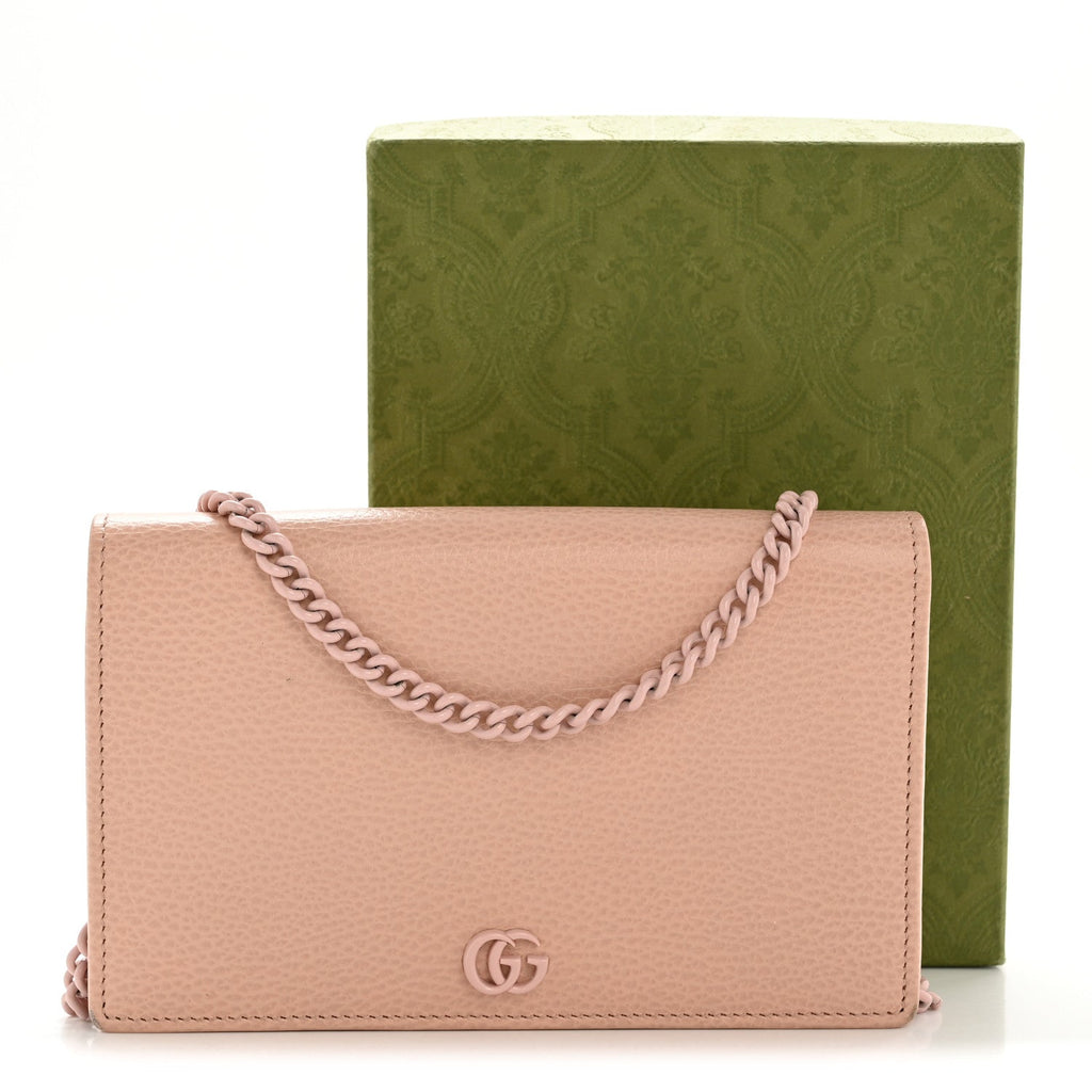 Gucci Dollar Calfskin Enamel Monochrome Mini GG Marmont Chain Wallet Perfect Pink