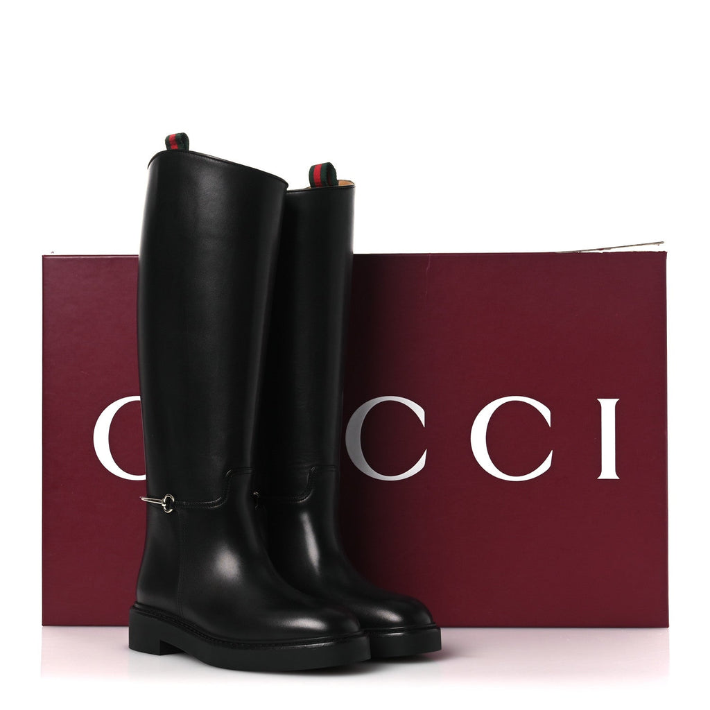 Gucci Shiny Calfskin Michelangelo Slim Horsebit Riding Boots 36 Black