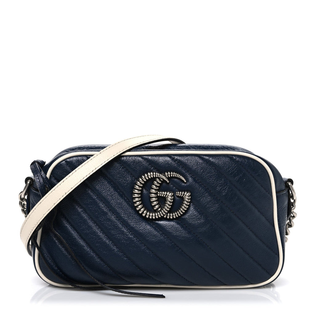 Gucci Vintage Effect Calfskin Matelasse Diagonal Small Torchon GG Marmont Chain Shoulder Bag Blue Agata Mystic White