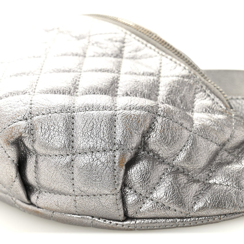 Chanel Metallic Calfskin Quilted Banane Waist Bag Fanny Pack Dark Silver