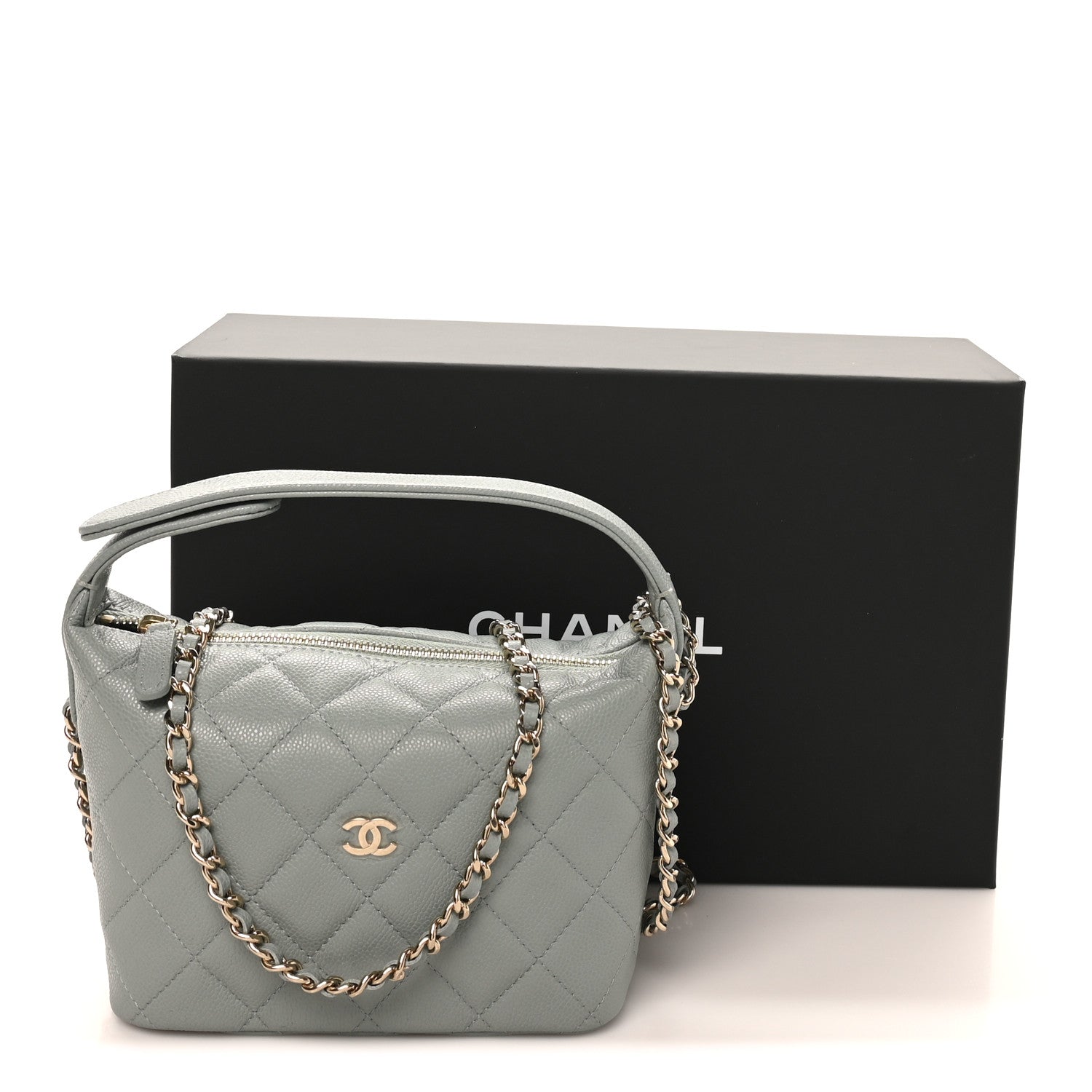 Chanel Caviar Quilted Hobo Clutch With Chain Light Green