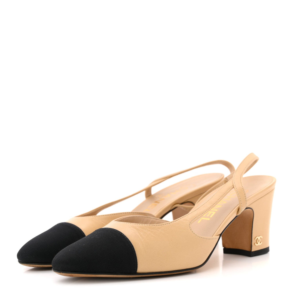 Goatskin Grosgrain Cap Toe CC Slingback Pumps 36 Beige Black