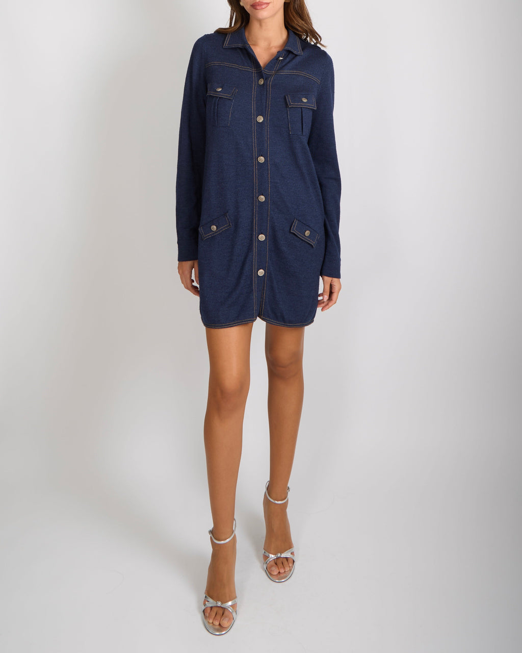 Chanel Denim Blue Wool Mini Long-Sleeve Dress with Silver CC Logo Buttons Size FR 42 (UK 14)
