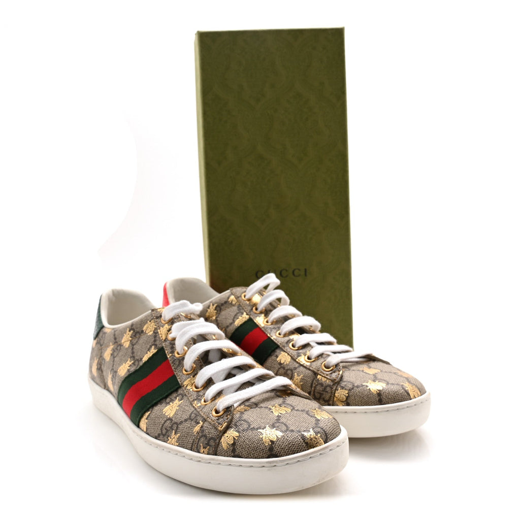 Gucci GG Supreme Monogram Bees Ayers Web Womens Ace Sneakers 38.5 Beige Oro Green Red