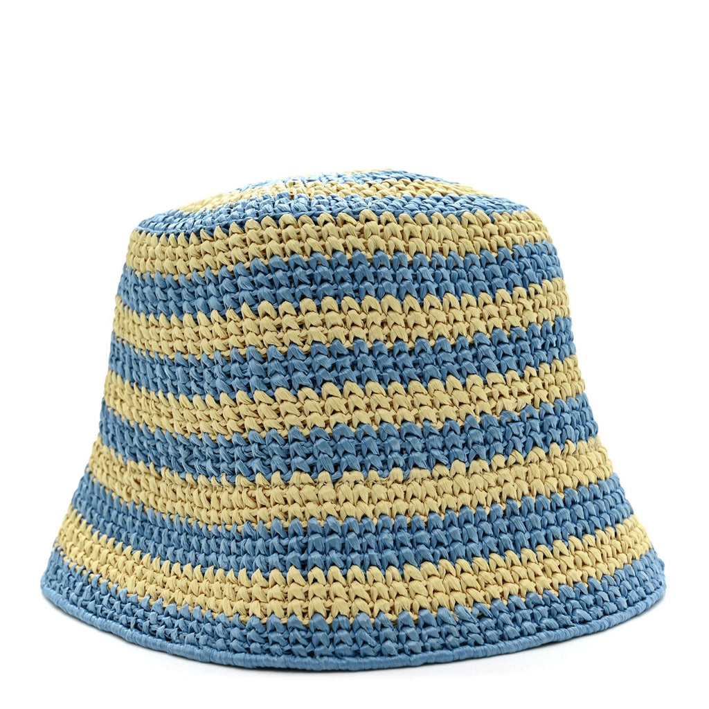 Prada Raffia Striped Logo Embroidered Womens Bucket Hat M Naturale Cielo