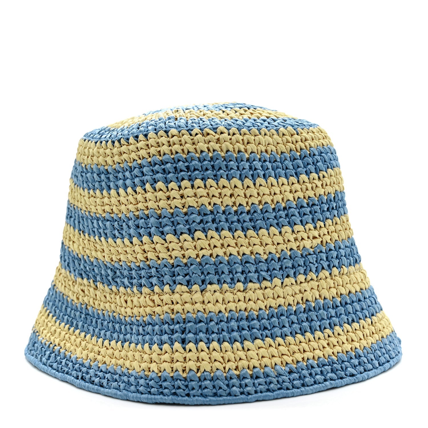 Prada Raffia Striped Logo Embroidered Womens Bucket Hat M Naturale Cielo
