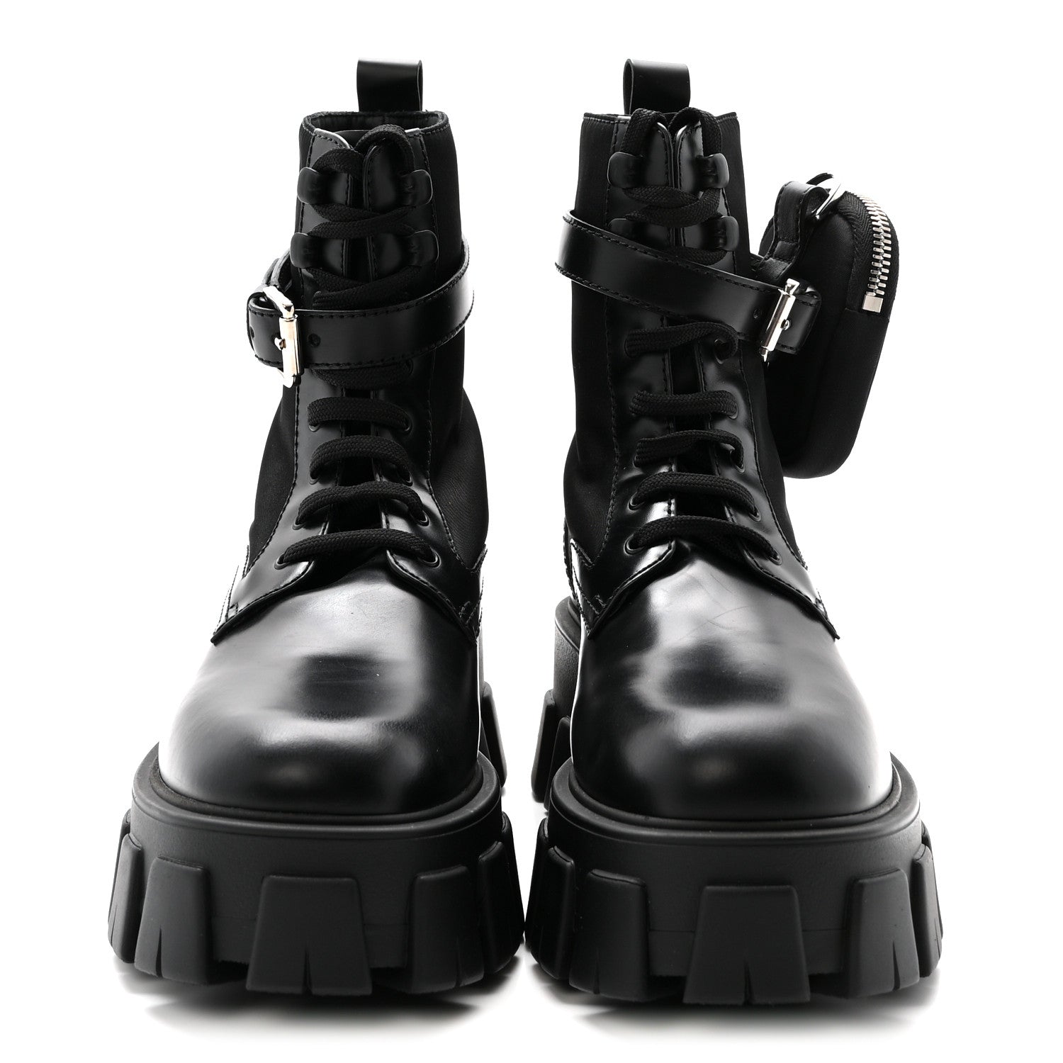 Prada Spazzolato Rois Nylon Metal Triangle Logo Monolith Pouch Pocket 55mm Boots 37 Black