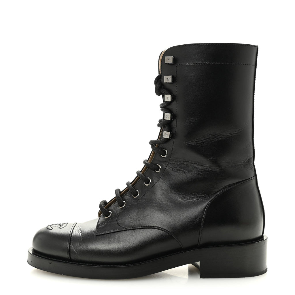 Calfskin Lace Up Combat Boots 37.5 Black