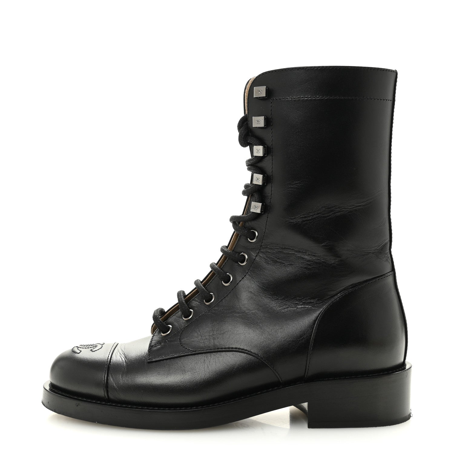 Calfskin Lace Up Combat Boots 37.5 Black