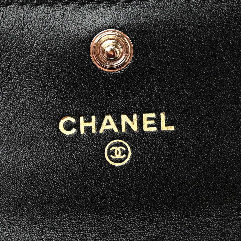 Chanel Shiny Lambskin Quilted Textured CC Card Holder Black