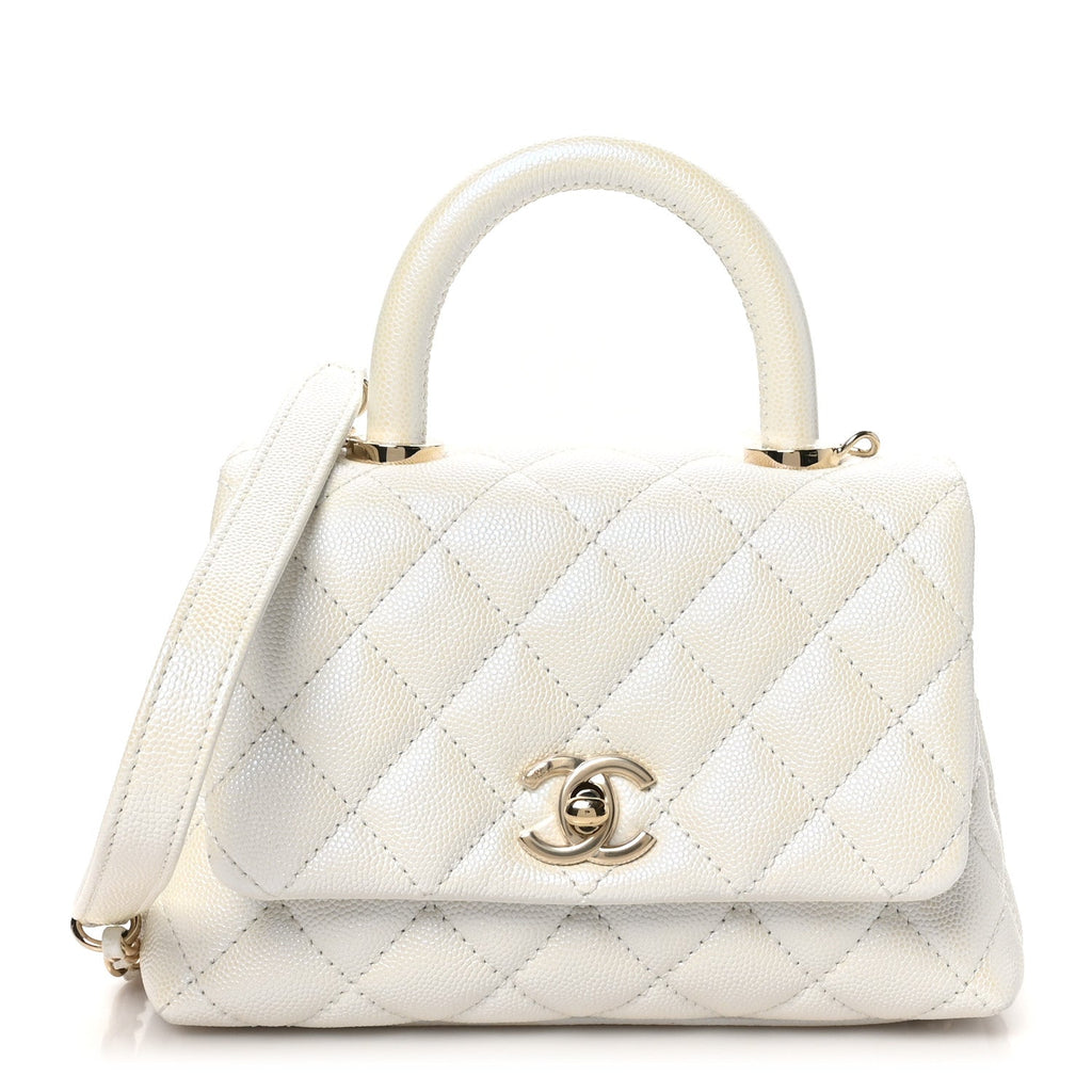 Chanel Iridescent Caviar Quilted Extra Mini Coco Handle Flap White