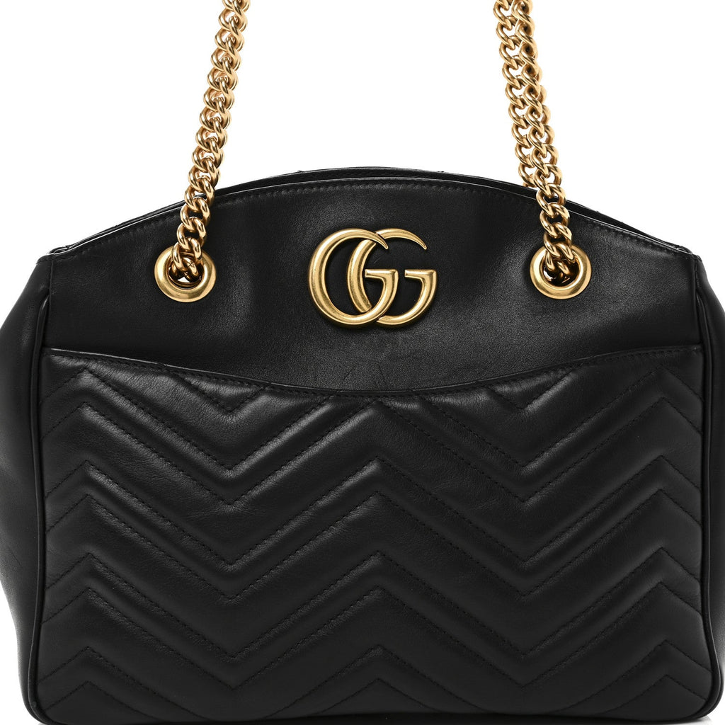 Gucci Calfskin Matelasse Medium GG Marmont Open Top Shoulder Bag Black