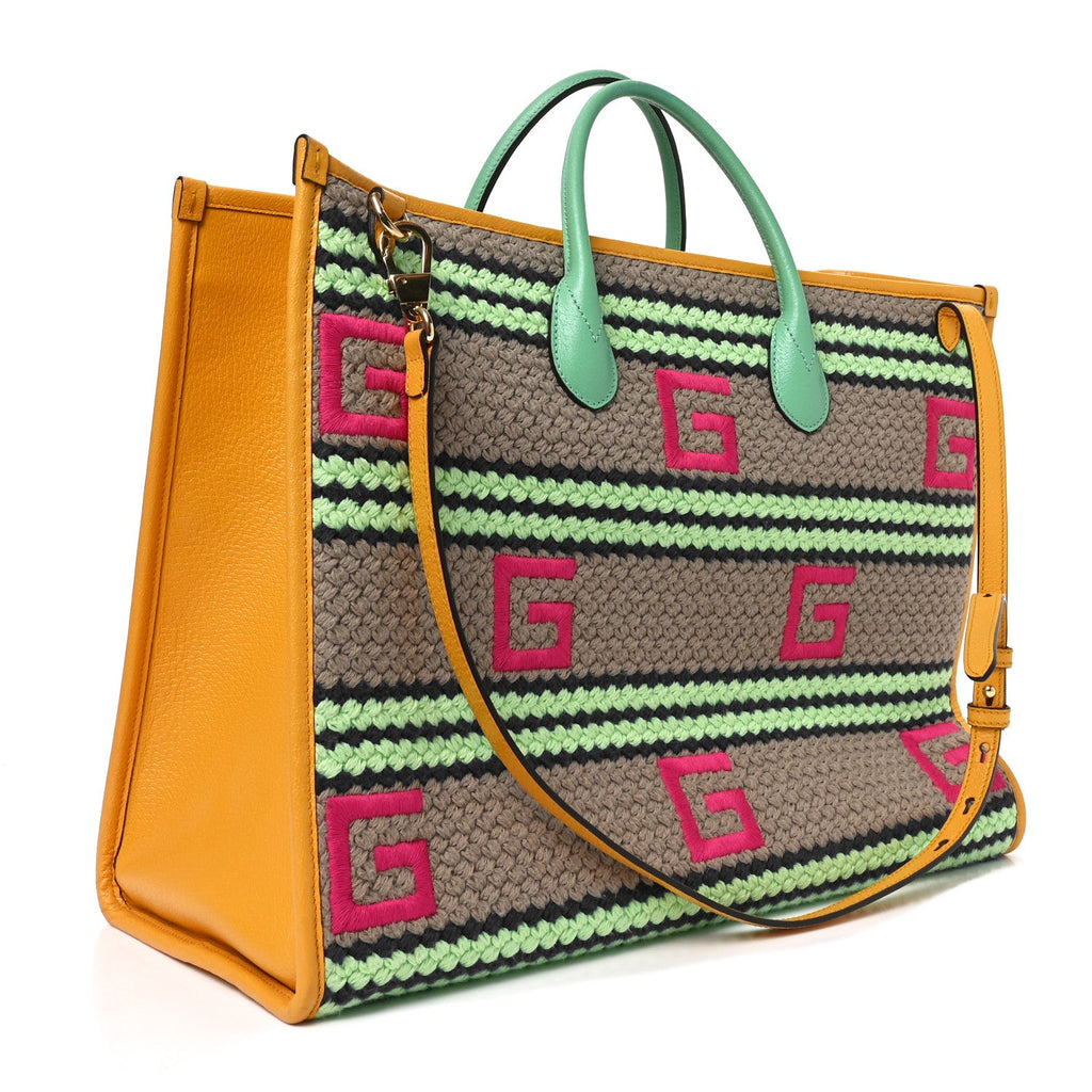 Gucci Fabric Embroidered Capri Striped Tote Bag Yellow