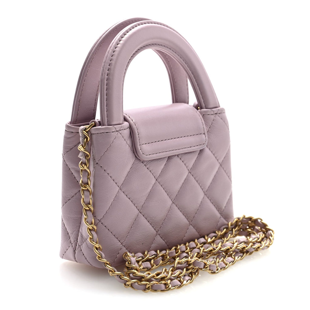 Chanel Shiny Aged Calfskin Quilted Mini Nano Kelly Shopper Light Pink