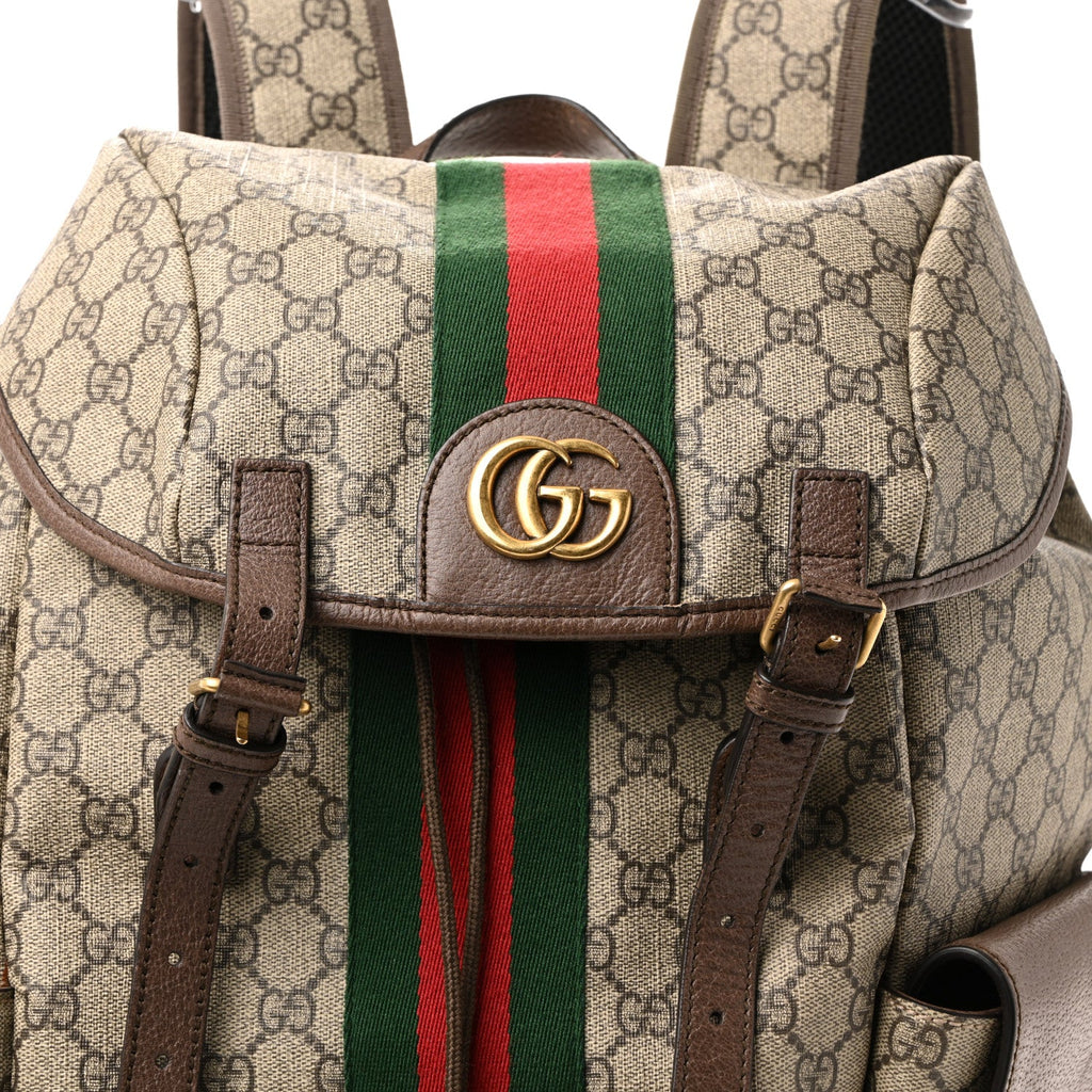 Gucci GG Supreme Monogram Medium Ophidia Double Buckle Backpack Brown
