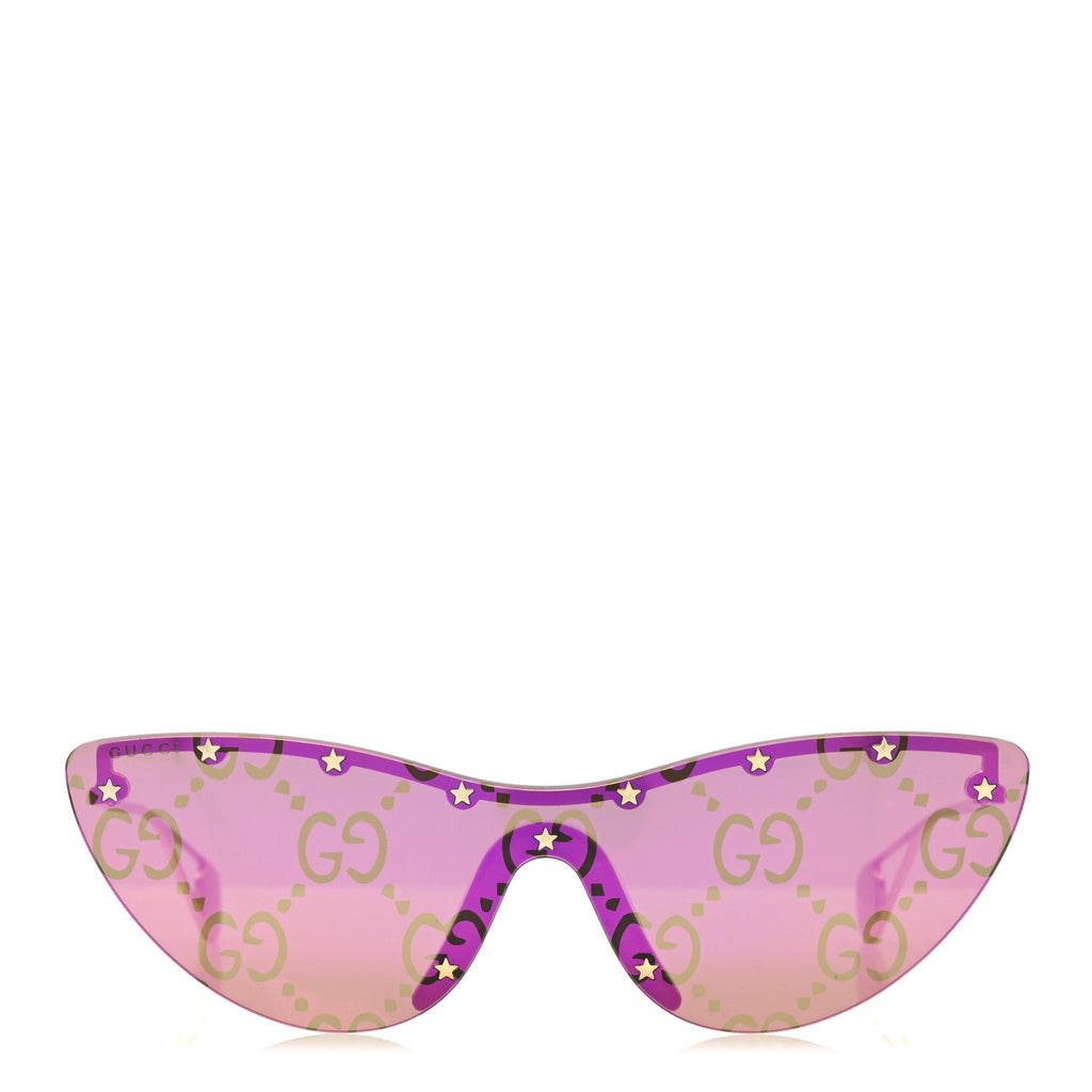 Gucci Metal Rimless Star Studded Monogram 90mm Cat Eye GG0666S Sunglasses Mirror Purple