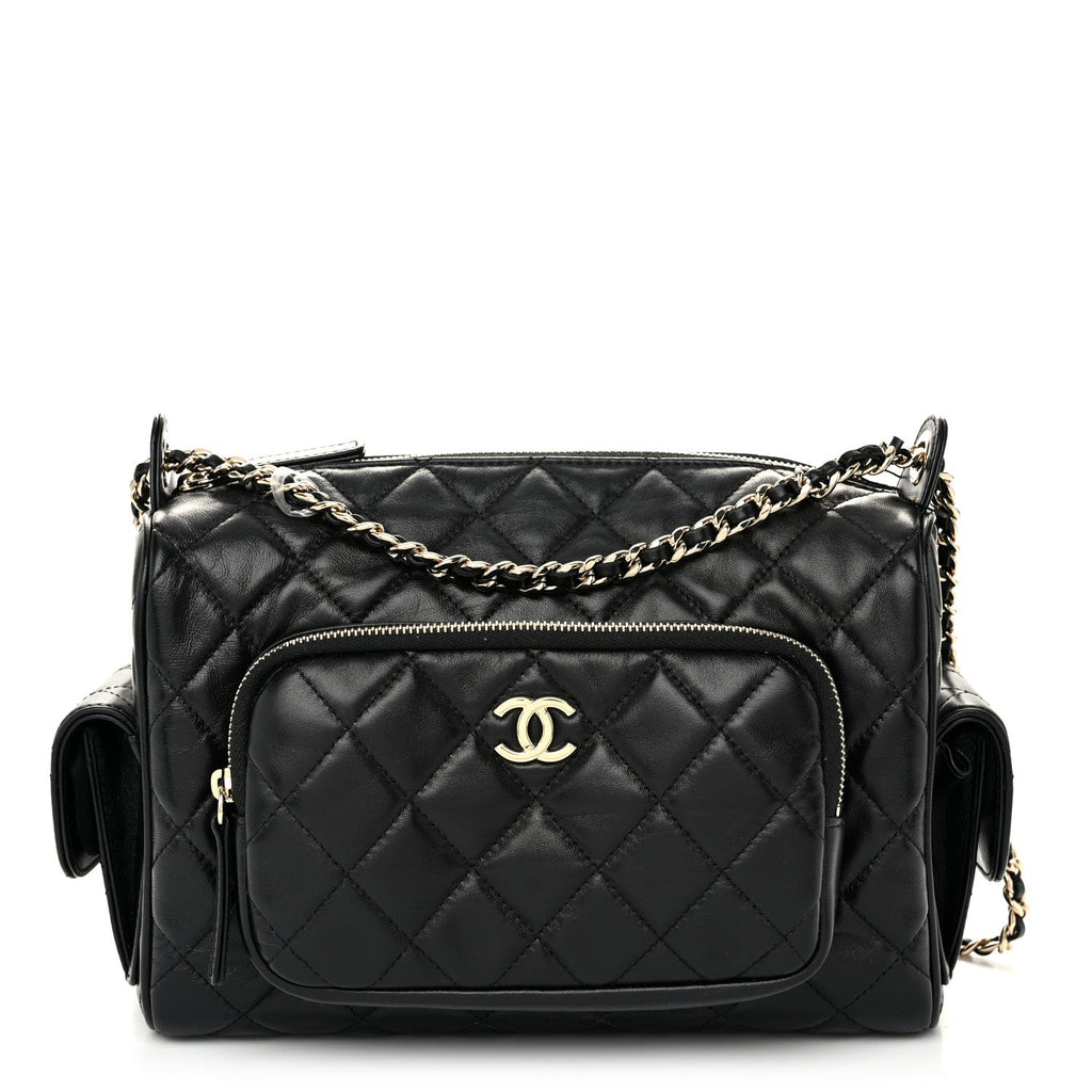 Chanel Shiny Crumpled Lambskin Quilted Medium Preppy Pocket Camera Case Black