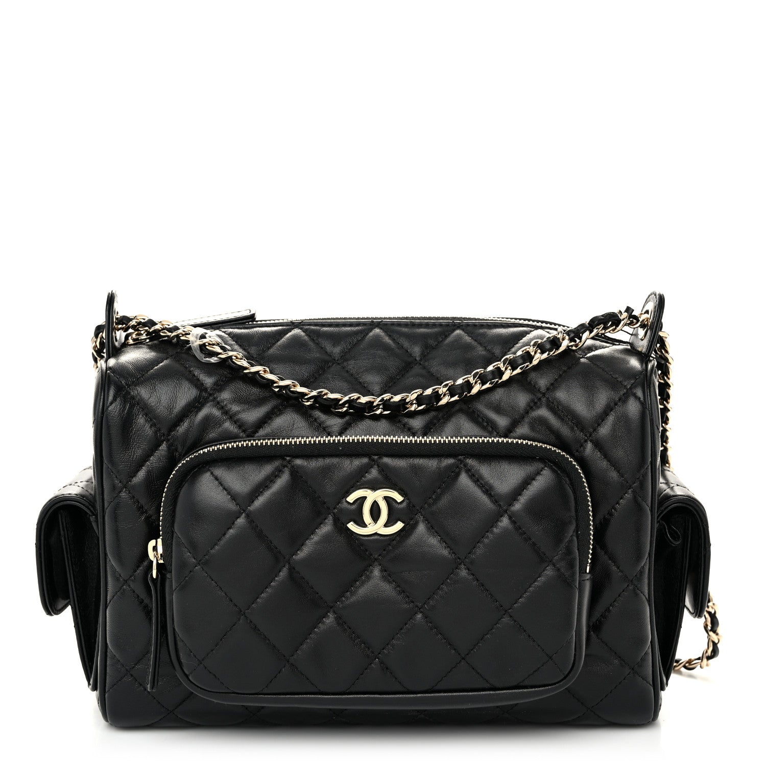 Chanel Shiny Crumpled Lambskin Quilted Medium Preppy Pocket Camera Case Black