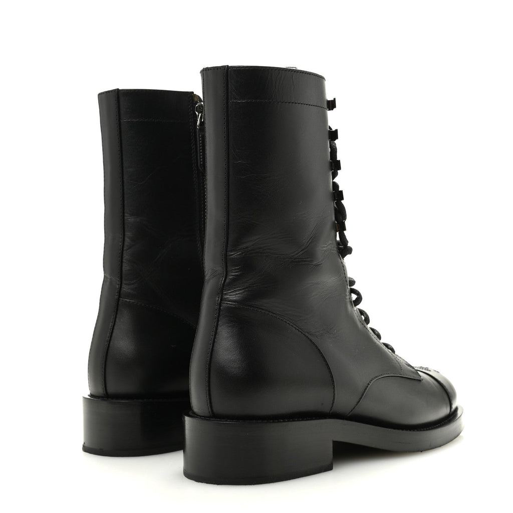 Calfskin Lace Up Combat Boots 37.5 Black
