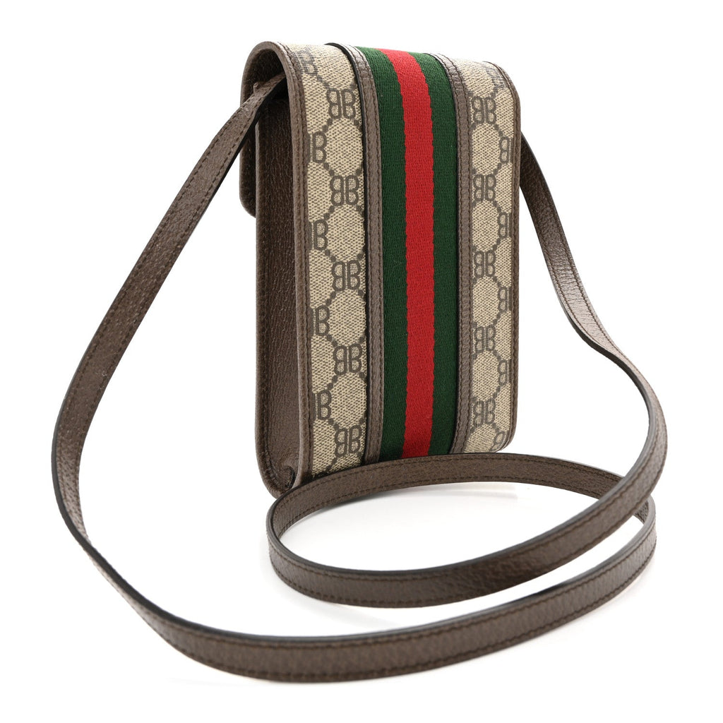 Gucci X BALENCIAGA BB Supreme Monogram Web Ophidia Phone Crossbody Bag Beige New Acero