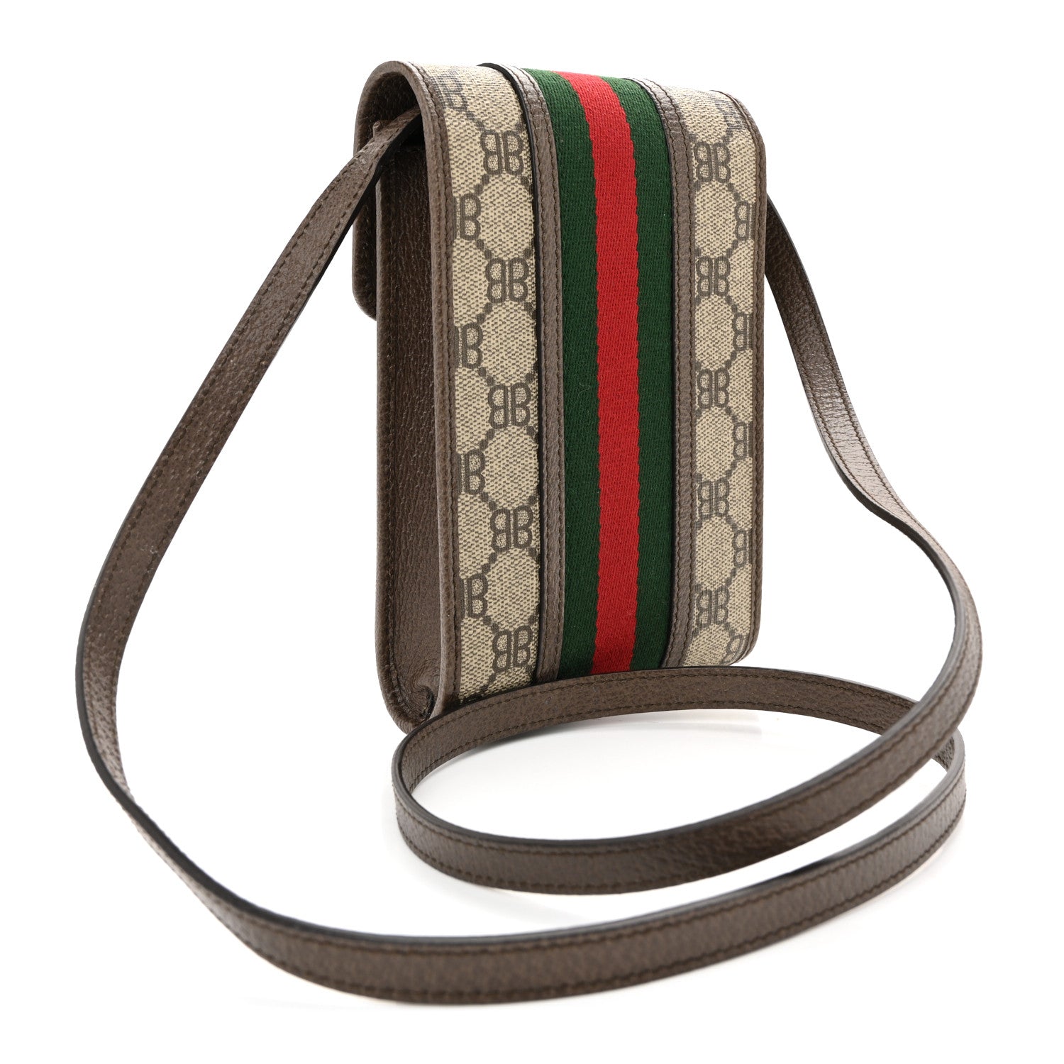 Gucci X BALENCIAGA BB Supreme Monogram Web Ophidia Phone Crossbody Bag Beige New Acero