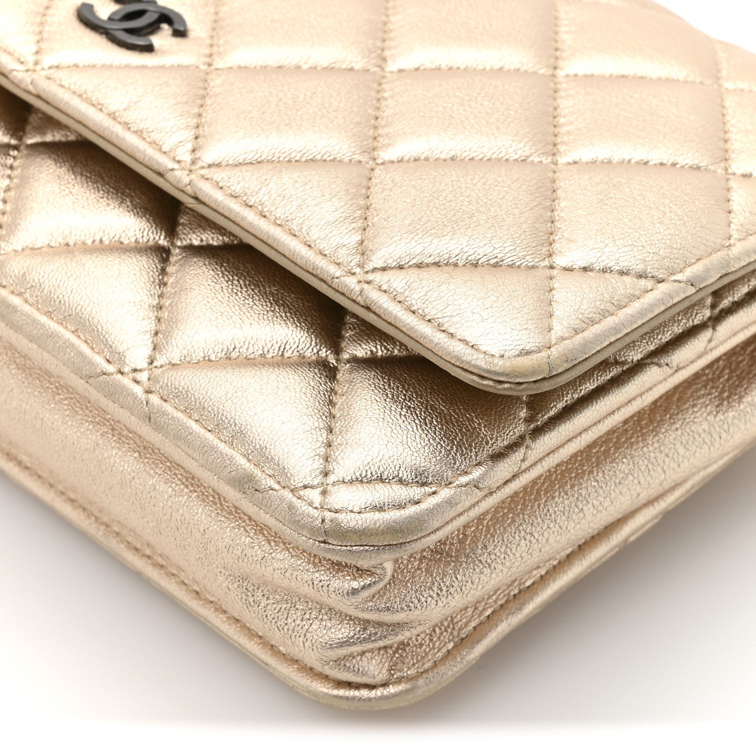 Chanel Metallic Lambskin Quilted Wallet On Chain WOC Gold Black