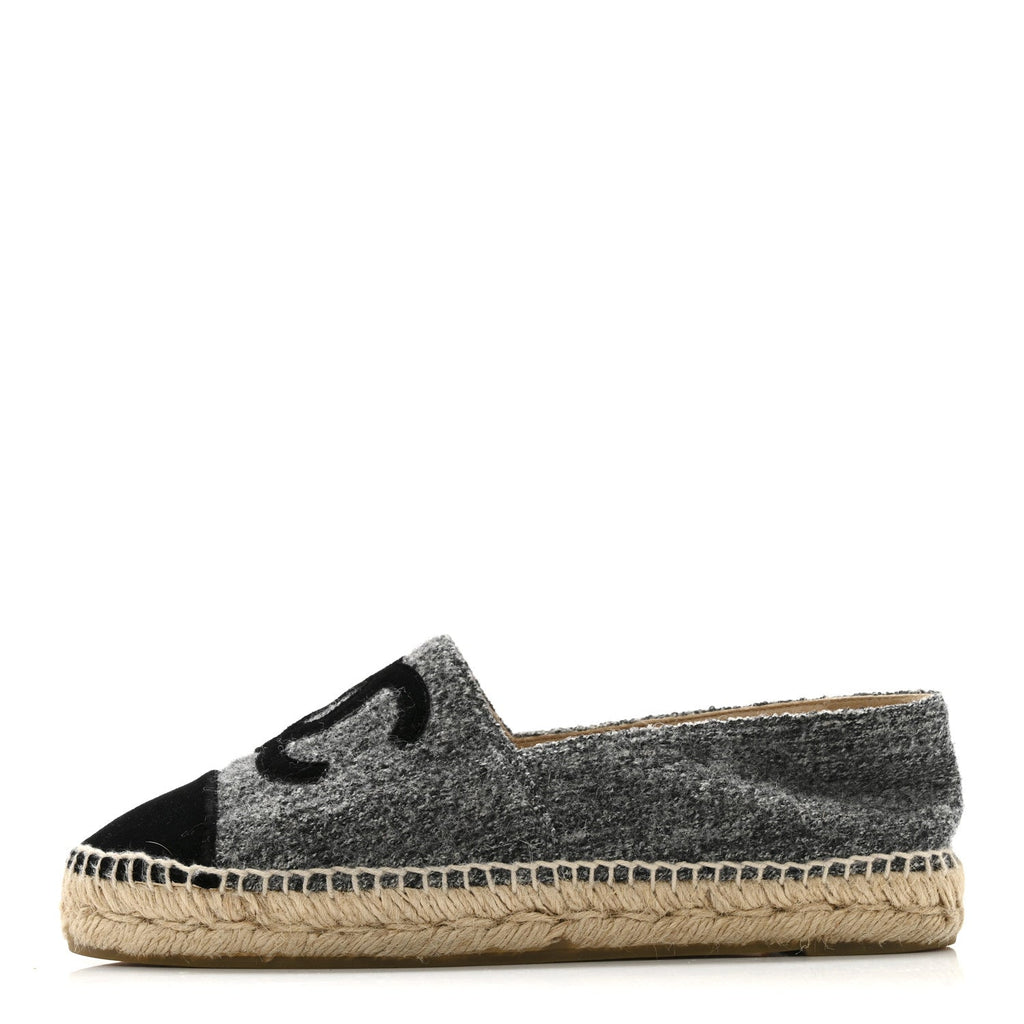 Chanel Tweed Velvet CC Espadrilles 38 Grey Black