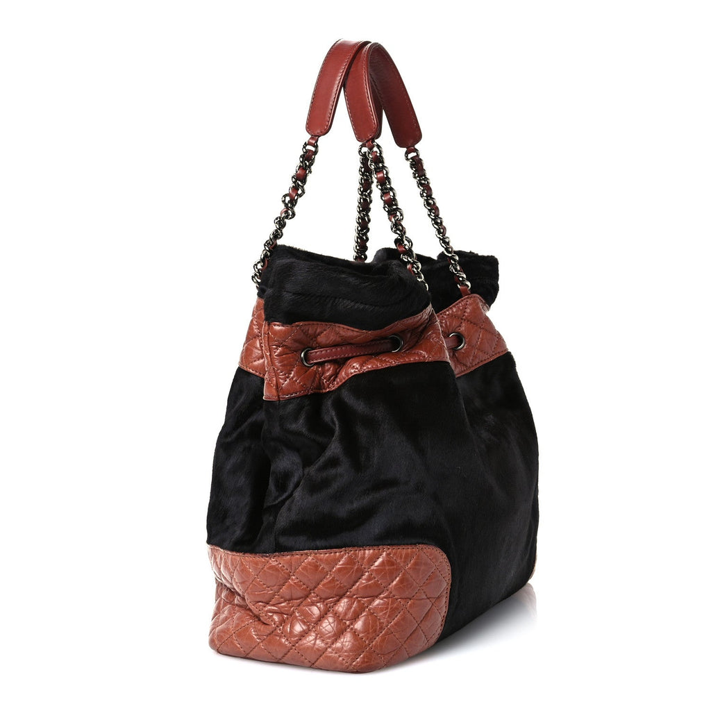 Chanel Aged Calfskin Pony Hair Quilted Miss Pony Drawstring Tote Brown