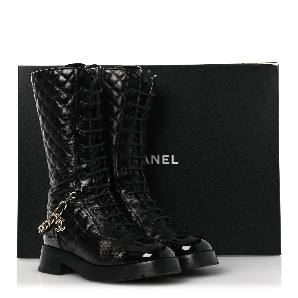 Chanel Shiny Calfskin Patent Quilted Chain Lace Up Combat Long Boots 37 Black