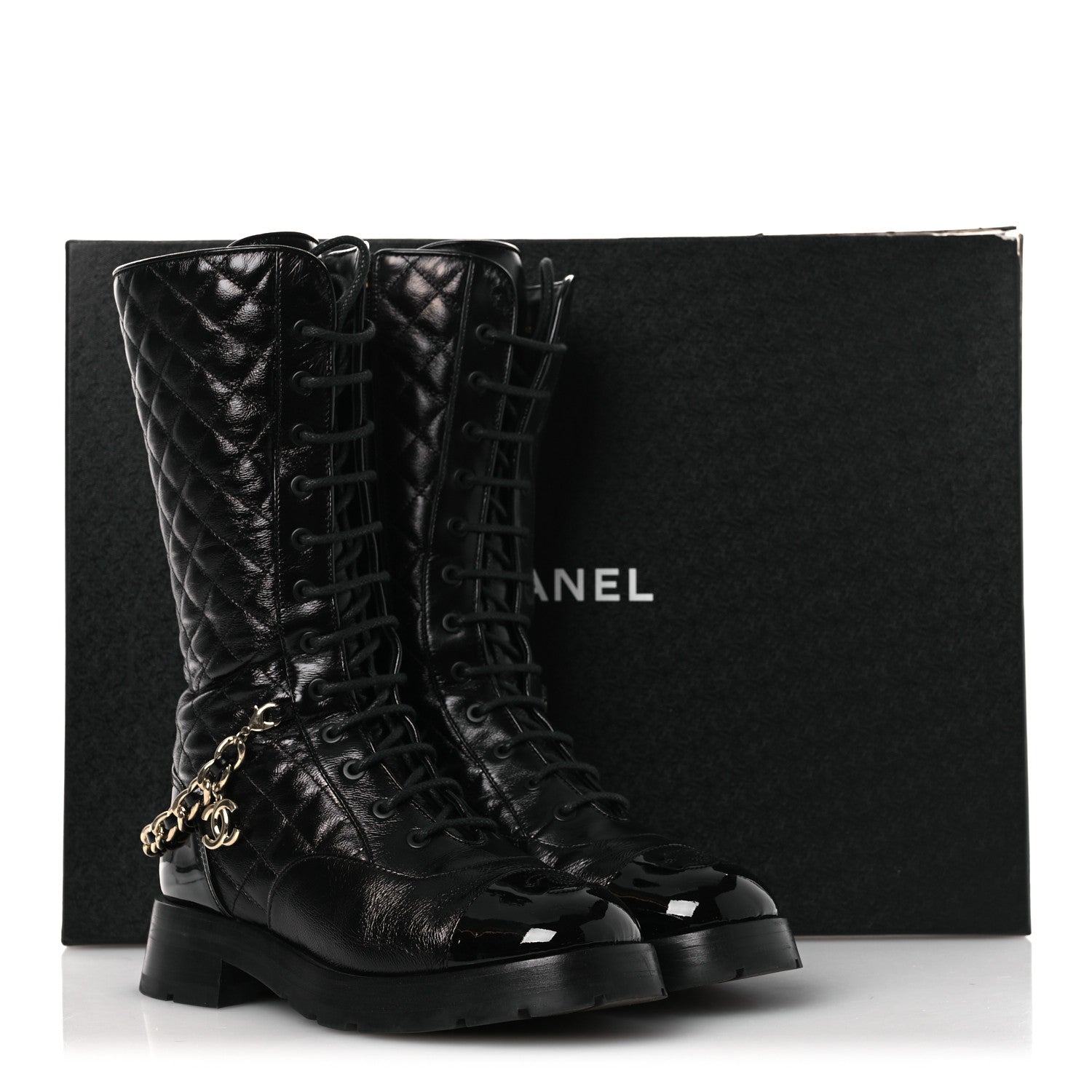 Chanel Shiny Calfskin Patent Quilted Chain Lace Up Combat Long Boots 37 Black