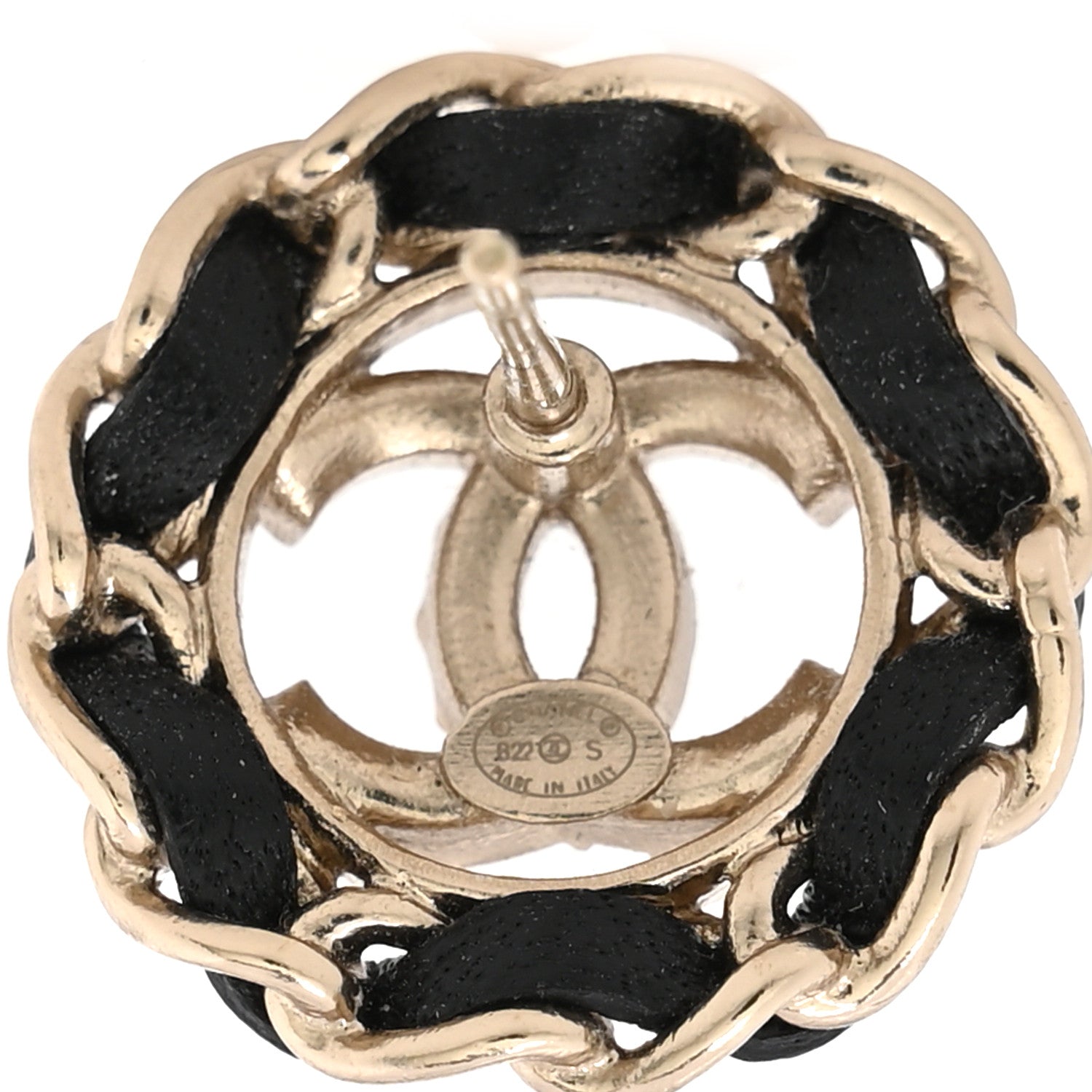 Crystal Lambskin Chain CC Stud Earrings Black Gold