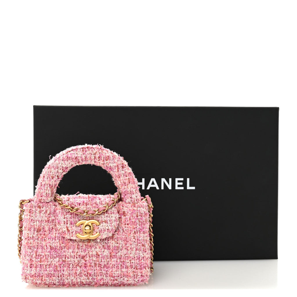 Chanel Tweed Quilted Mini Nano Kelly Shopper Pink