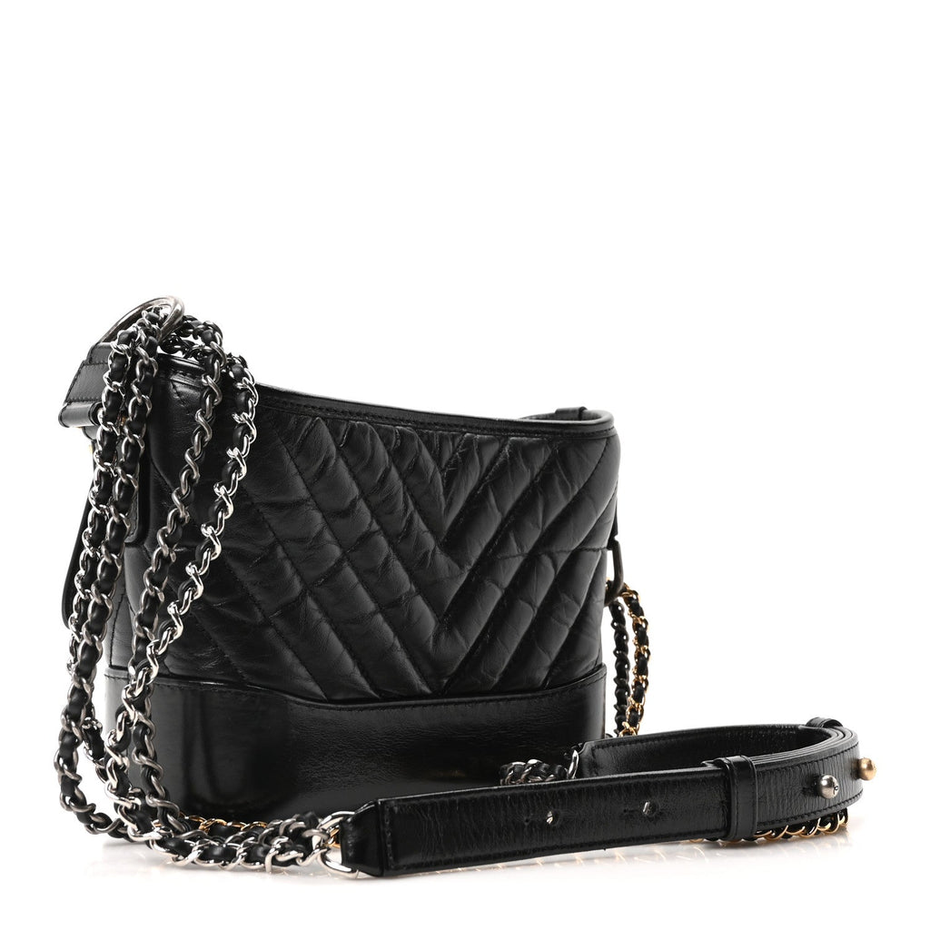 Chanel Aged Calfskin Chevron Quilted Small Gabrielle Hobo Black