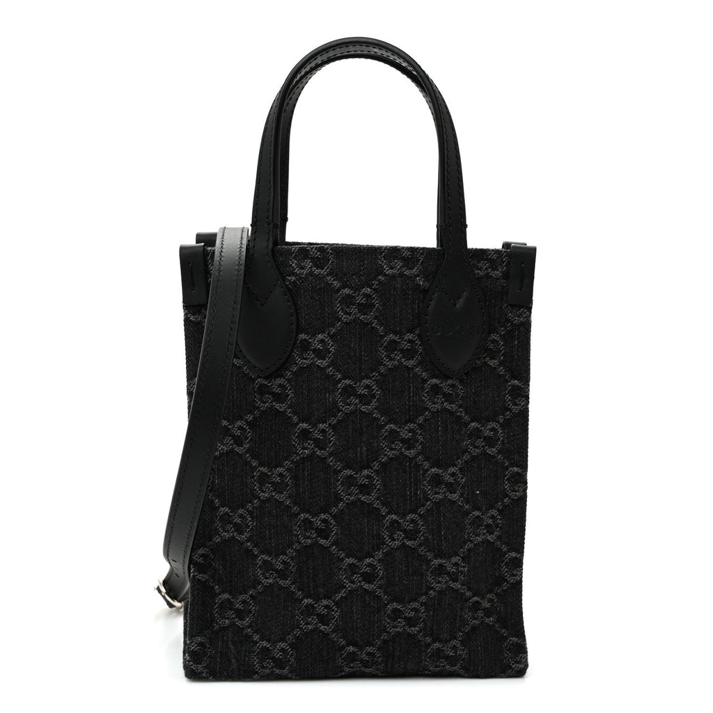 Gucci Denim Cuoio Harness GG Monogram Mini Ophidia Tote Bag Black Medium Grey
