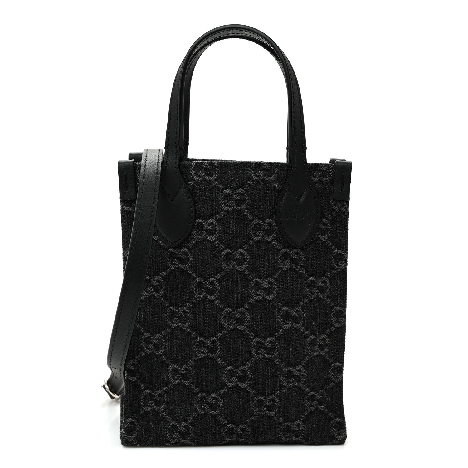 Gucci Denim Cuoio Harness GG Monogram Mini Ophidia Tote Bag Black Medium Grey