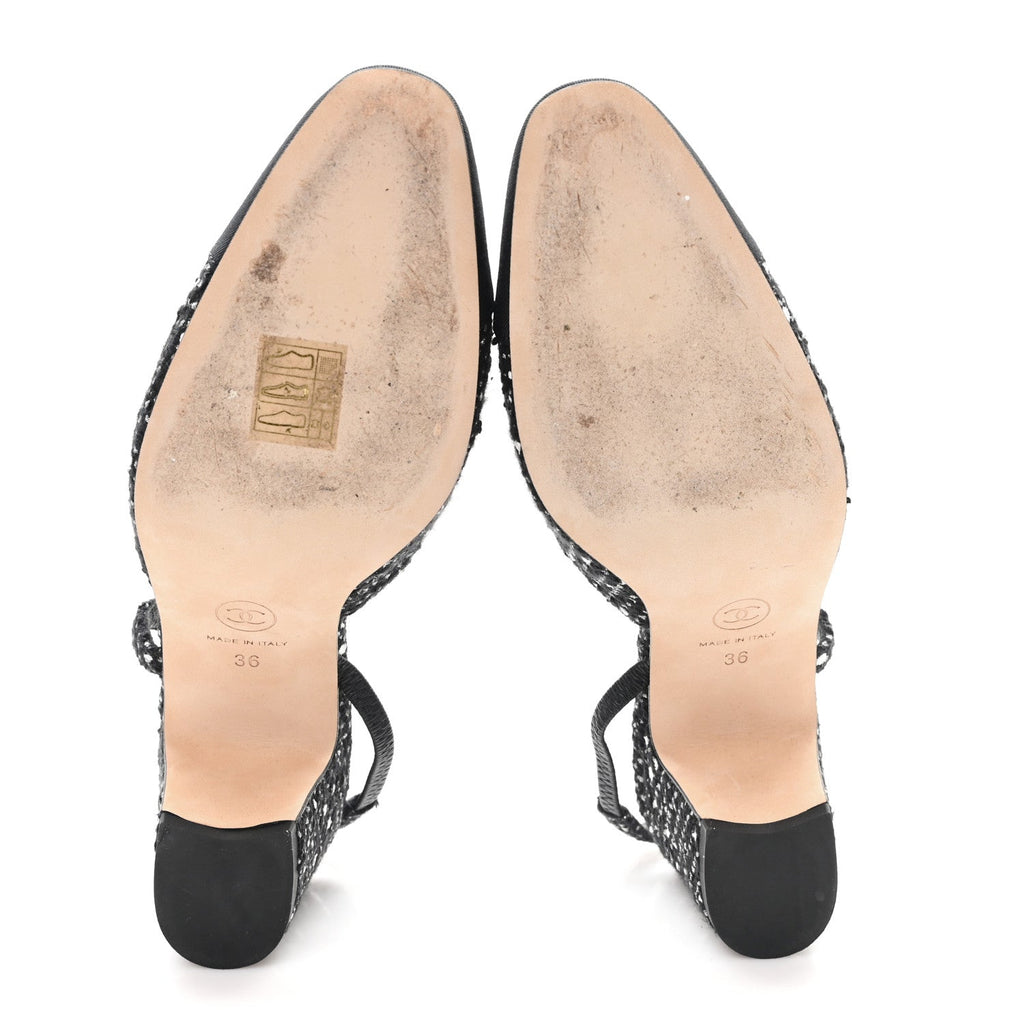 Chanel Tweed Polkadot Grosgrain Cap Toe CC Slingback Pumps 36 Black White Silver