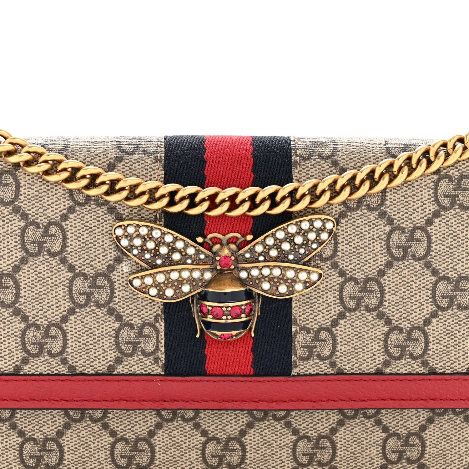 Gucci GG Supreme Monogram Web Queen Margaret Chain Wallet Red