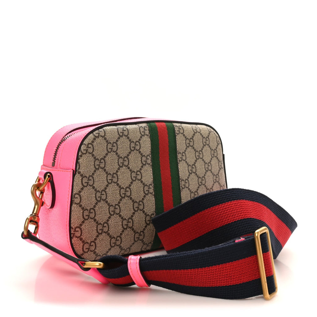 Gucci GG Supreme Monogram Textured Dollar Calfskin Web Ophidia Small Crossbody Bag Beige Ebony Fuchsia