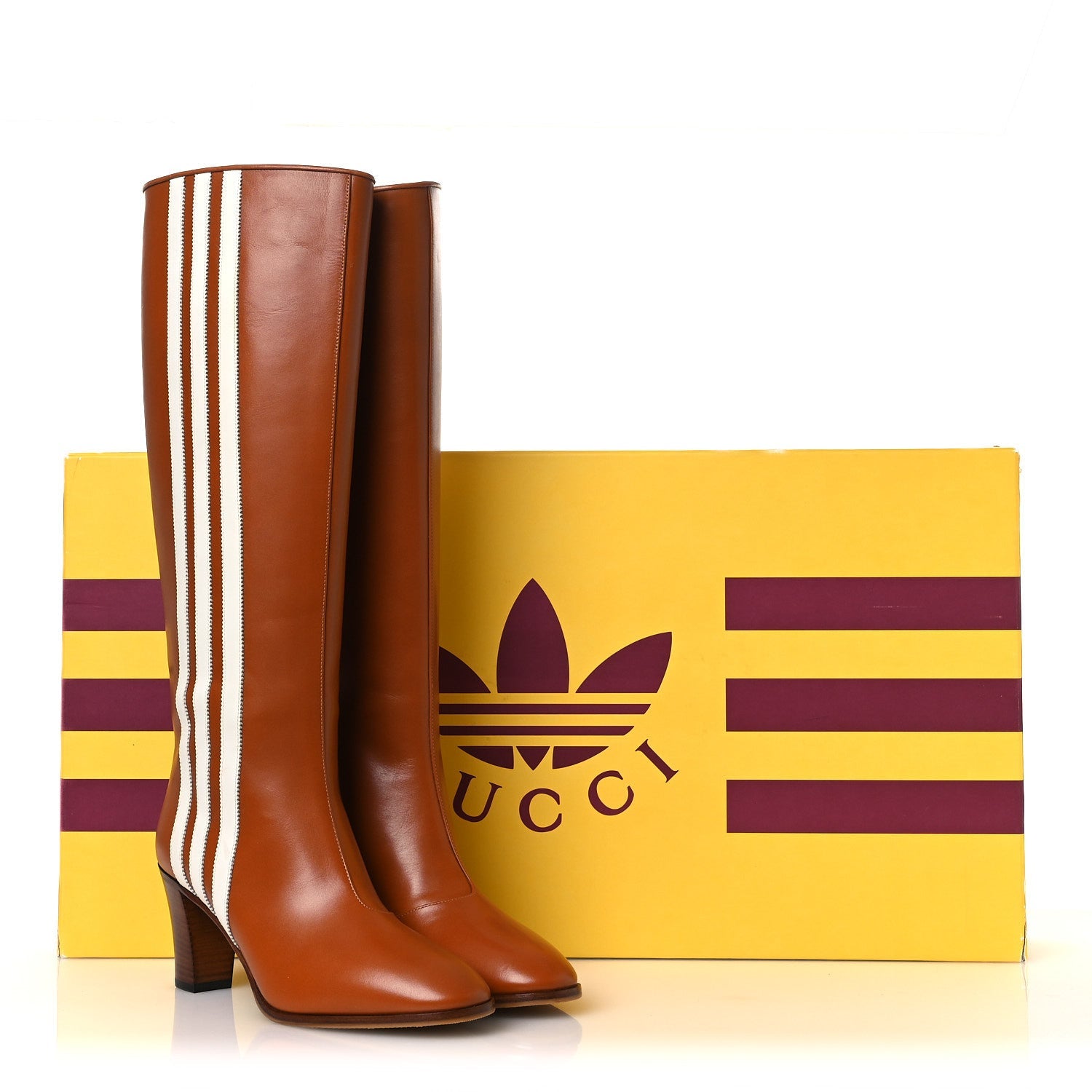 Gucci X ADIDAS Calfskin Elizabeth Knee Boots 38.5 Royal Cognac Great White
