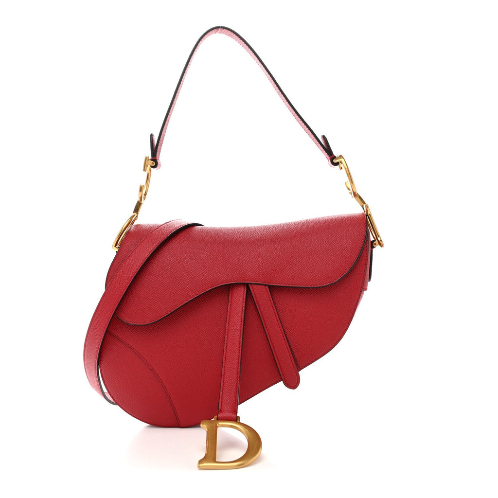 Christian Dior Grained Calfskin Saddle Bag With Strap Cherry Red