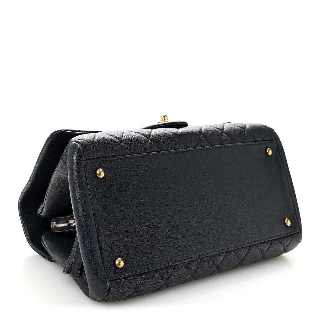 Chanel Shiny Sheepskin Quilted Large Trapezio Flap Navy