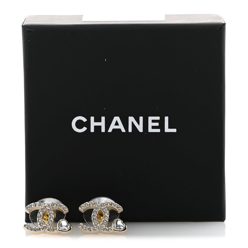 Metal Crystal CC Heart Earrings Light Gold