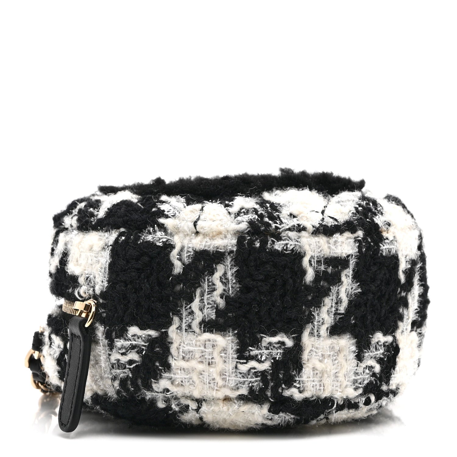 Chanel Wool Tweed Lambskin Quilted Round Clutch With Chain and Coin Purse Black White