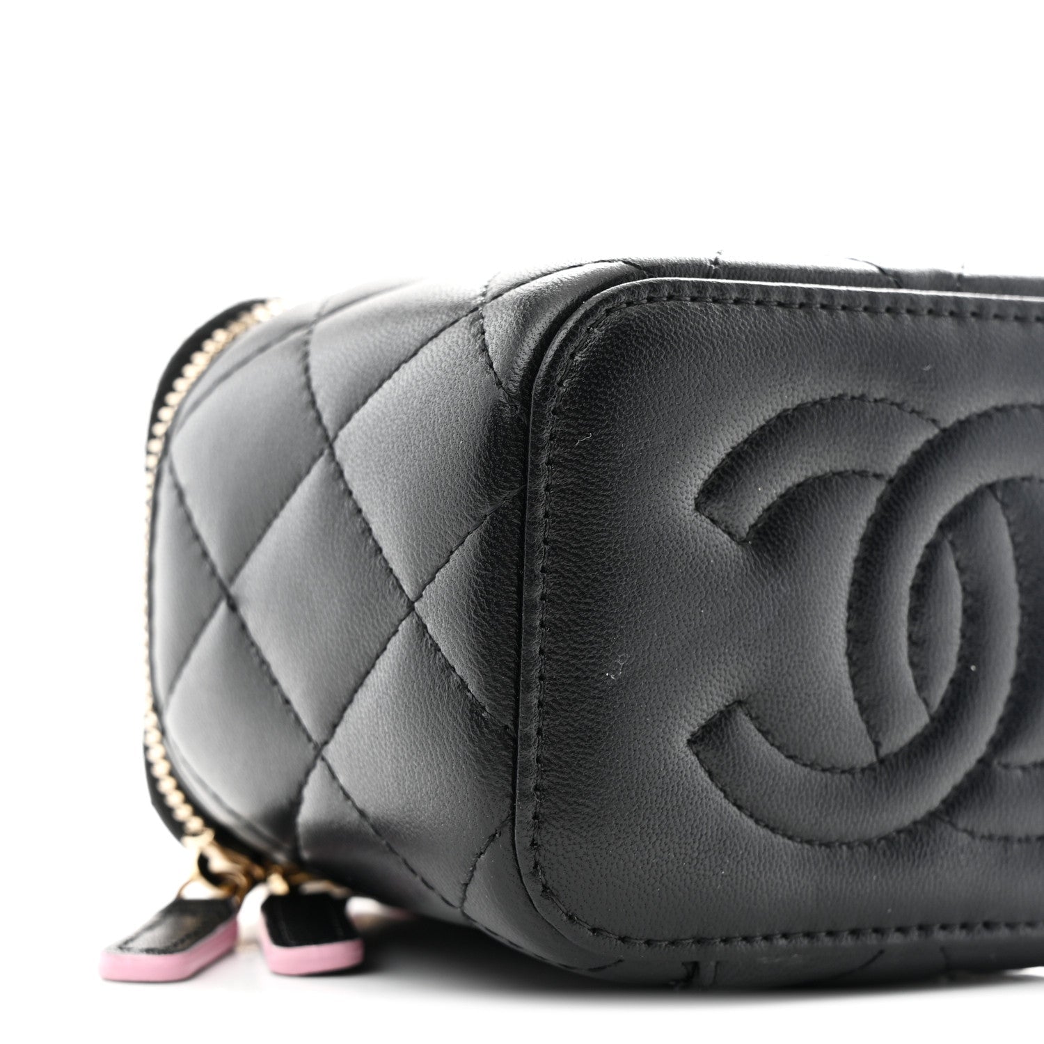 Chanel Lambskin Quilted Top Handle Mini Vanity Case With Chain Black Pink