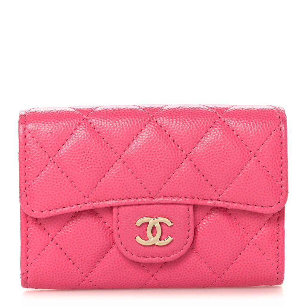 Caviar Quilted Flap Card Holder Wallet Pink