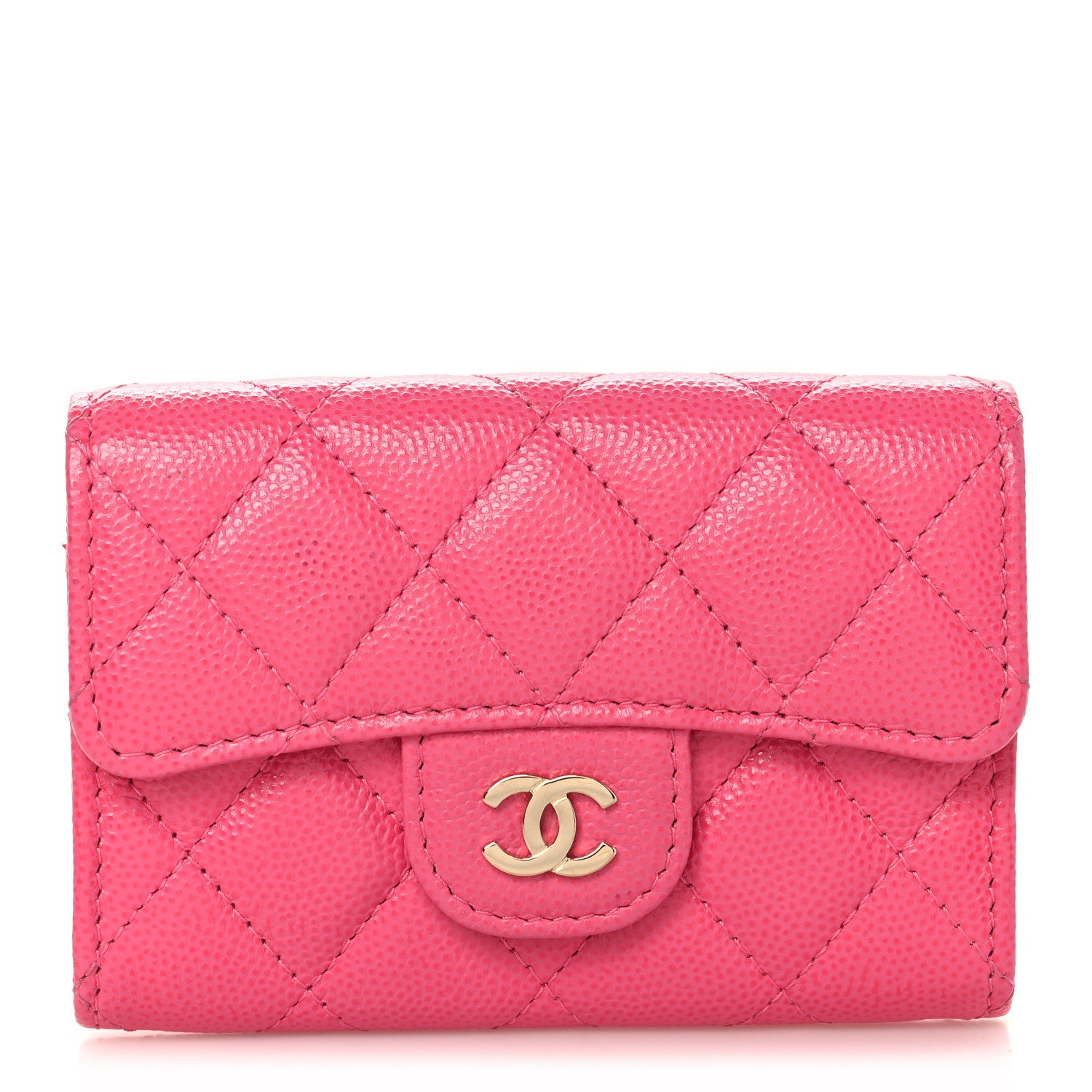 Caviar Quilted Flap Card Holder Wallet Pink