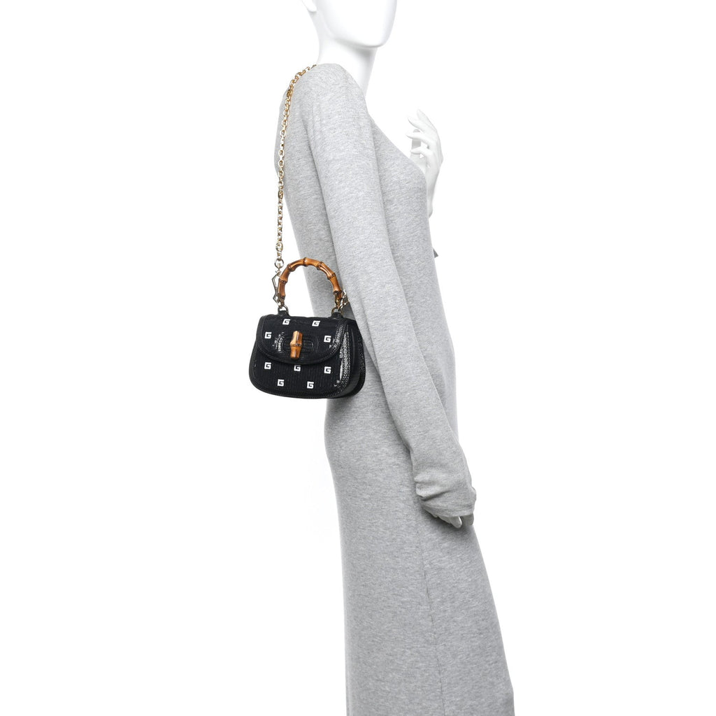 Gucci Sequin Lizard Embossed GG Mini Bamboo 1947 Top Handle Chain Bag Black White