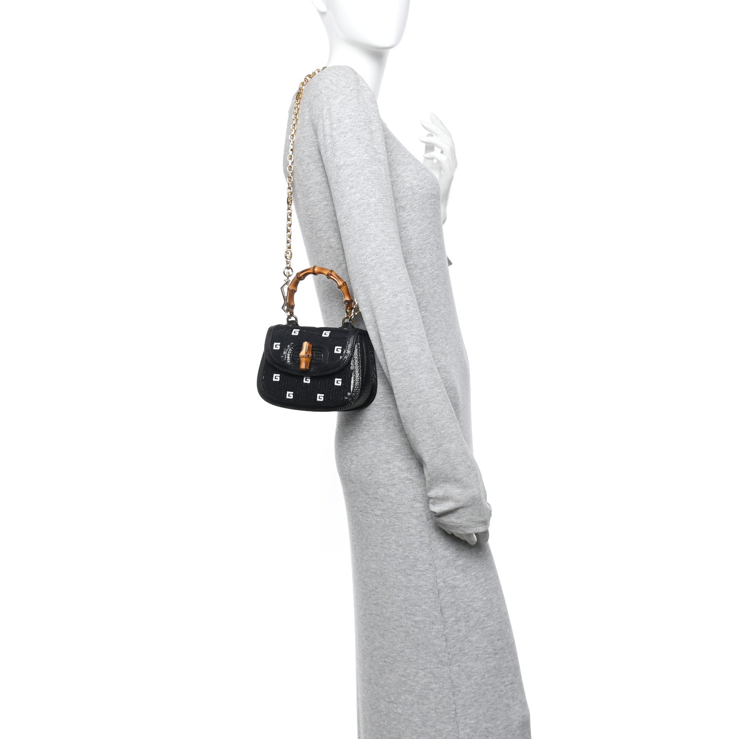 Gucci Sequin Lizard Embossed GG Mini Bamboo 1947 Top Handle Chain Bag Black White